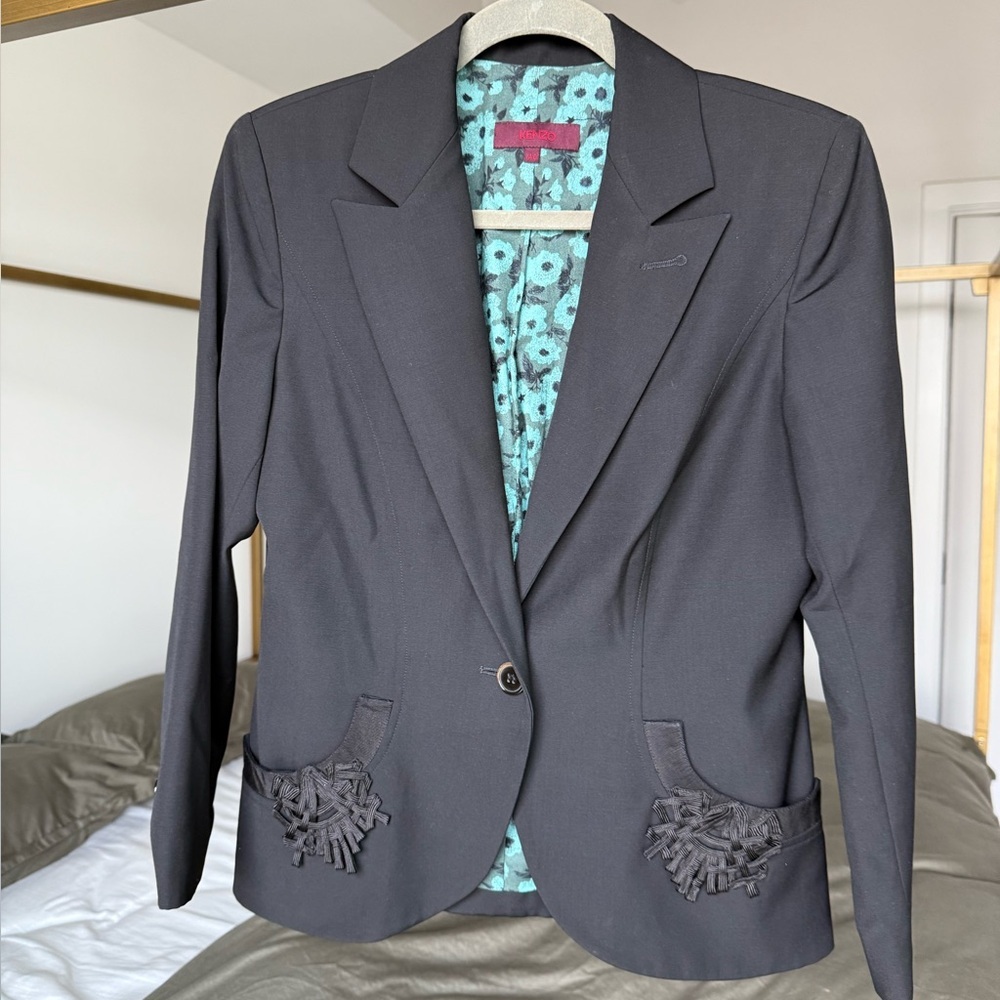 KENZO Paris Black Wool Blazer Sz 40 100% Laine Wool Statement Piece w/ Character - Picture 1 of 9